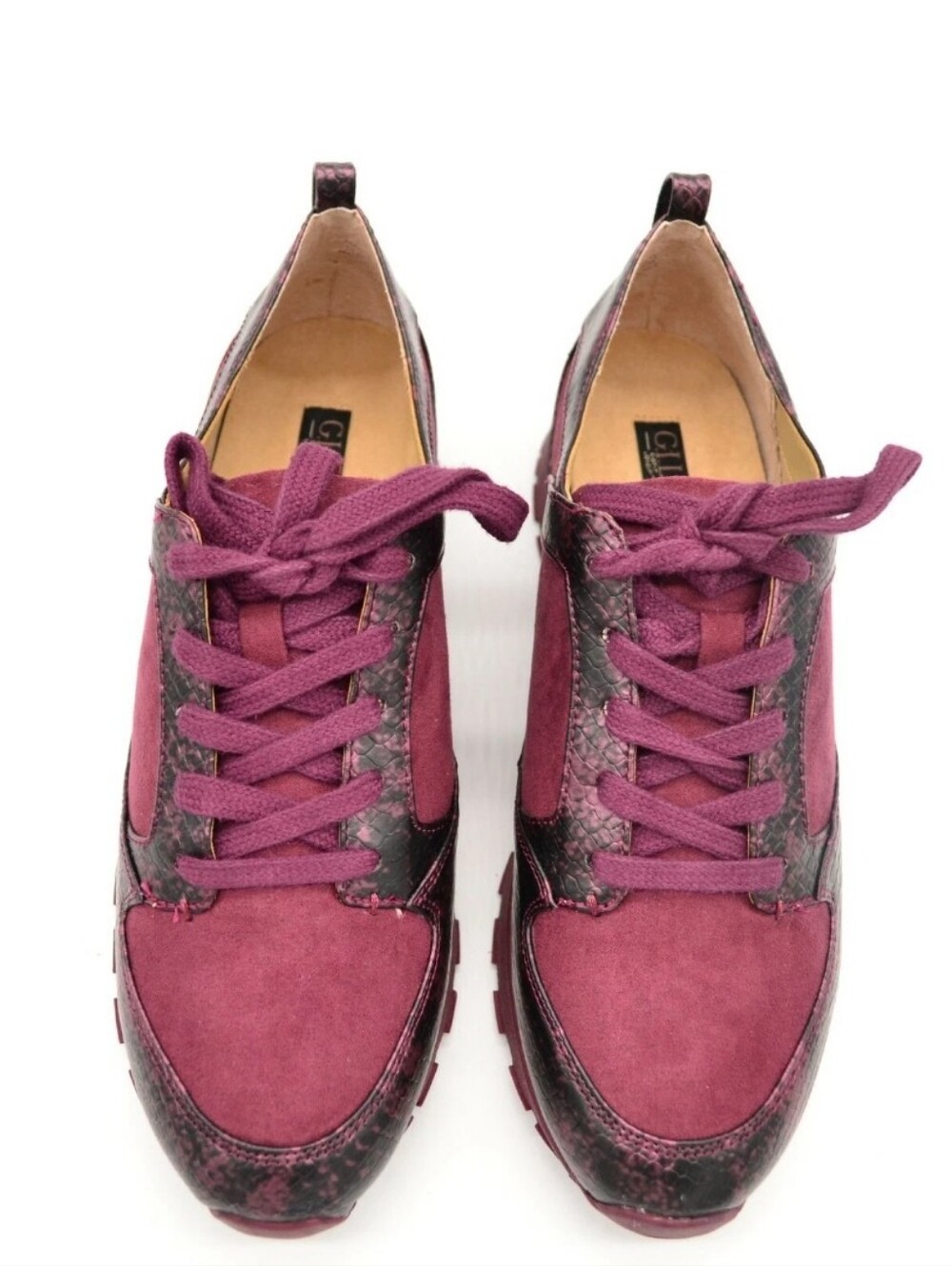 G.I.L.I. "Janna" Faux Snakeskin & Suede Sneakers Burgundy Women's Size 8.5